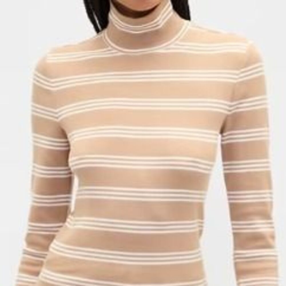 Gap Cotton Ribbed Turtleneck Shirt Long Sleeve Striped Top Tan White Large
